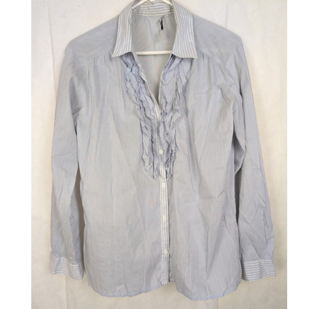 Gerard Darel blue pinstripe ruffled front button up shirt Size 40/ L Preppy